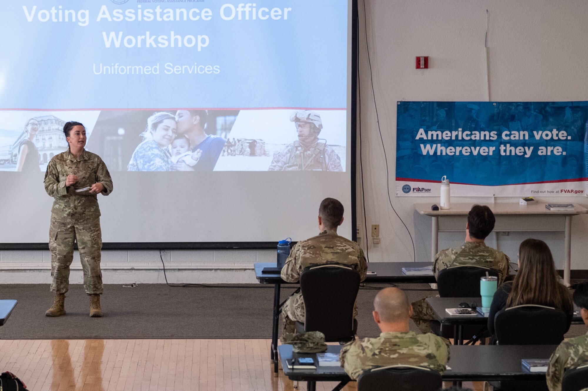 U.S. Air Force Senior Master Sgt. Nicola Adams, 49th Force Support Squadron Development Advisor, discusses the importance of educating the public about their voting rights during the Voting Assistance Officer workshop at Holloman Air Force Base, New Mexico April 24, 2024.