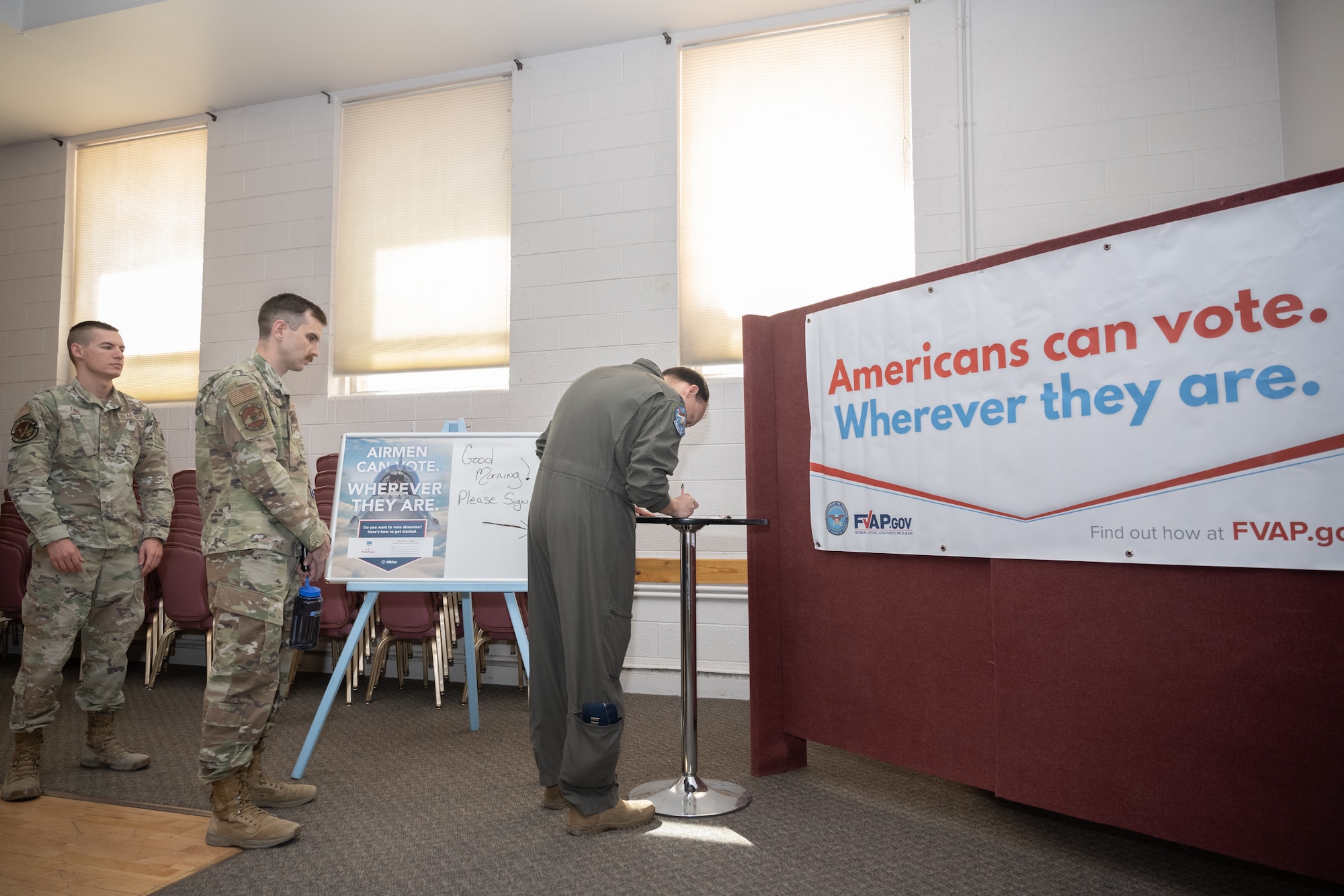 U.S. Air Force Airmen sign in at the Voting Assistance Officer workshop at Holloman Air Force Base, New Mexico April 24, 2024.