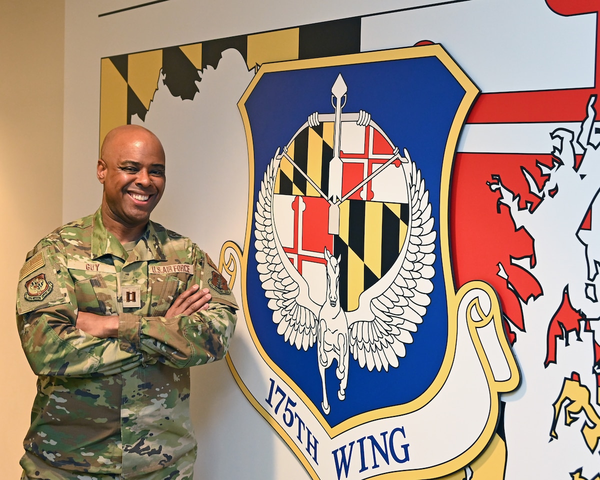 Maryland Air National Guard Capt. Kerry Guy, 175th Wing contracting officer, poses for a photograph at Warfield Air National Guard Base, April 17, 2024, in Middle River, Maryland. Guy is the officer in charge of the 175th Wing Spark Cell, which was established in January 2022 and boasts over 60 members across 15 squadrons.