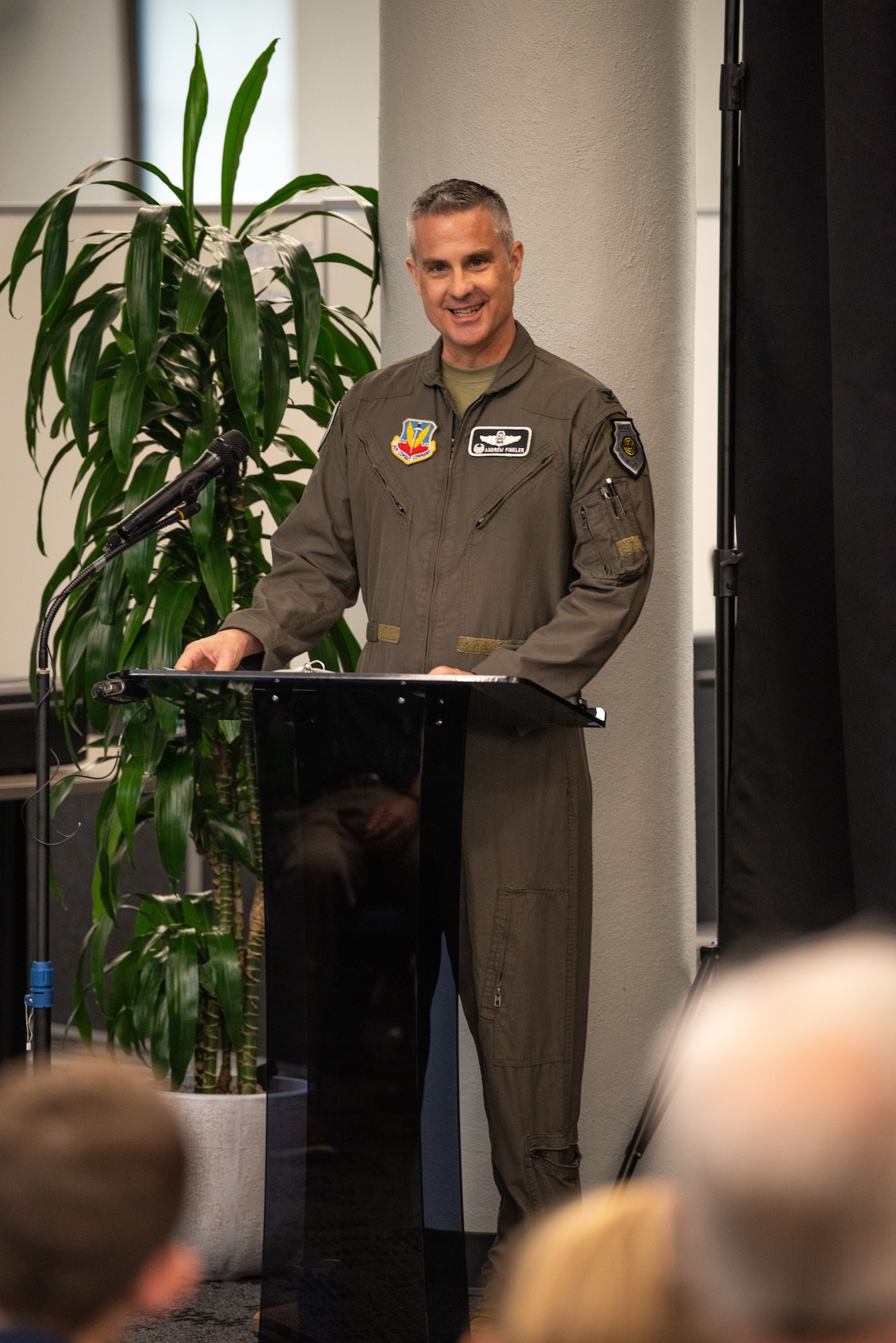 U.S. Air Force Col. Andrew J. Finkler, 850th Spectrum Warfare Group commander, delivers opening remarks during the reactivation ceremony for 563rd Electronic Warfare Squadron, San Antonio, Texas, April 25, 2024. The 563rd EWS develops, delivers and maintains software capabilities to execute an electronic warfare mission in support of the Air Force. (U.S. Air Force photo by Jarrod M. Vickers)