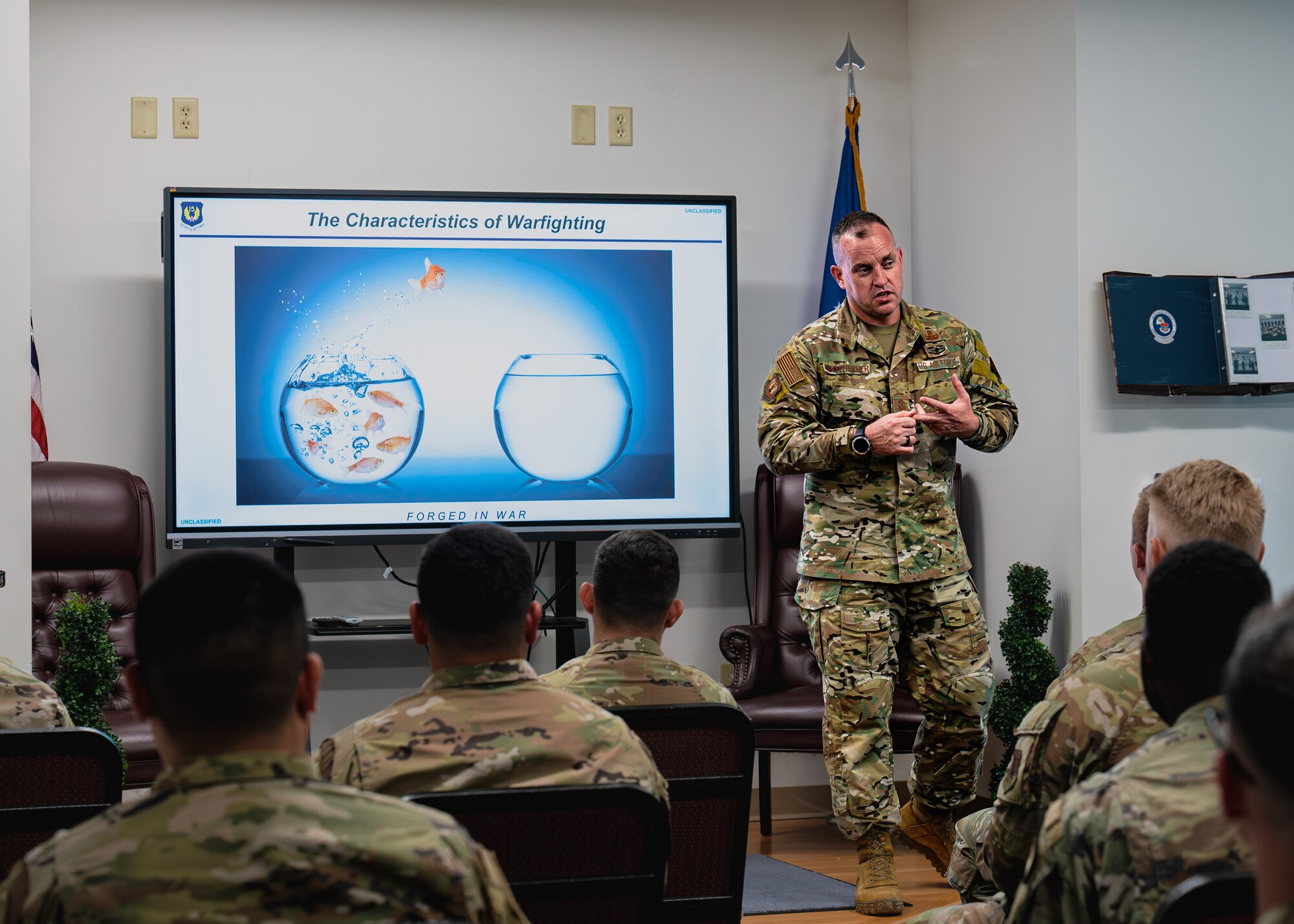 U.S. Air Force Chief Master Sgt. Jeremy Unterseher shares words of wisdom to students from the Airmen Leadership School