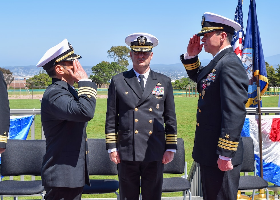 Cmdr. Miles Alvarez (left) relieved Cmdr. Matthew Dalton (right) as commanding officer of Information Warfare Training Command (IWTC) Monterey during a change of command ceremony at the Defense Language Institute Foreign Language Center (DLIFLC) overlooking Monterey Bay on Apr. 29, 2024.