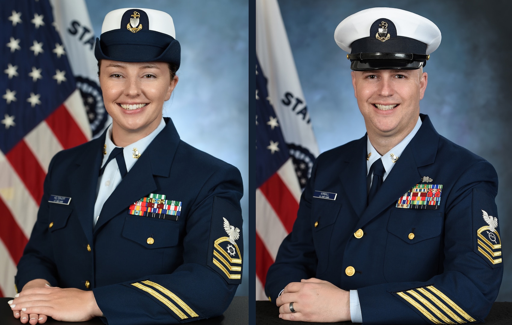 Portraits of MK1 Emily Helterhoff and OS1 Leland Kimball, the 2023 Enlisted Persons of the Year. (U.S. Coast Guard photos by Moses Ward)