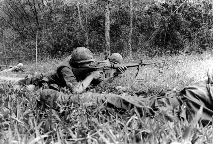 A soldier lying prone in the grass aims a rifle. Others nearby do the same.