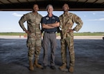 From left to right, U.S. Air Force 1st Lt. Nehemiah Jackson, 375th Contracting Flight officer in
charge, Brett Kollar, Civil Air Patrol pilot instructor, and Master Sgt. Alex Gavon, 343rd Training Squadron flight chief, pose for a photo in Denton, Texas, March 25, 2024. Jackson and Gavon spent a week with Kollar, learning basic aviation skills during the Rated Preparatory Program. (U.S. Air Force photo by Nicholas De La Pena)