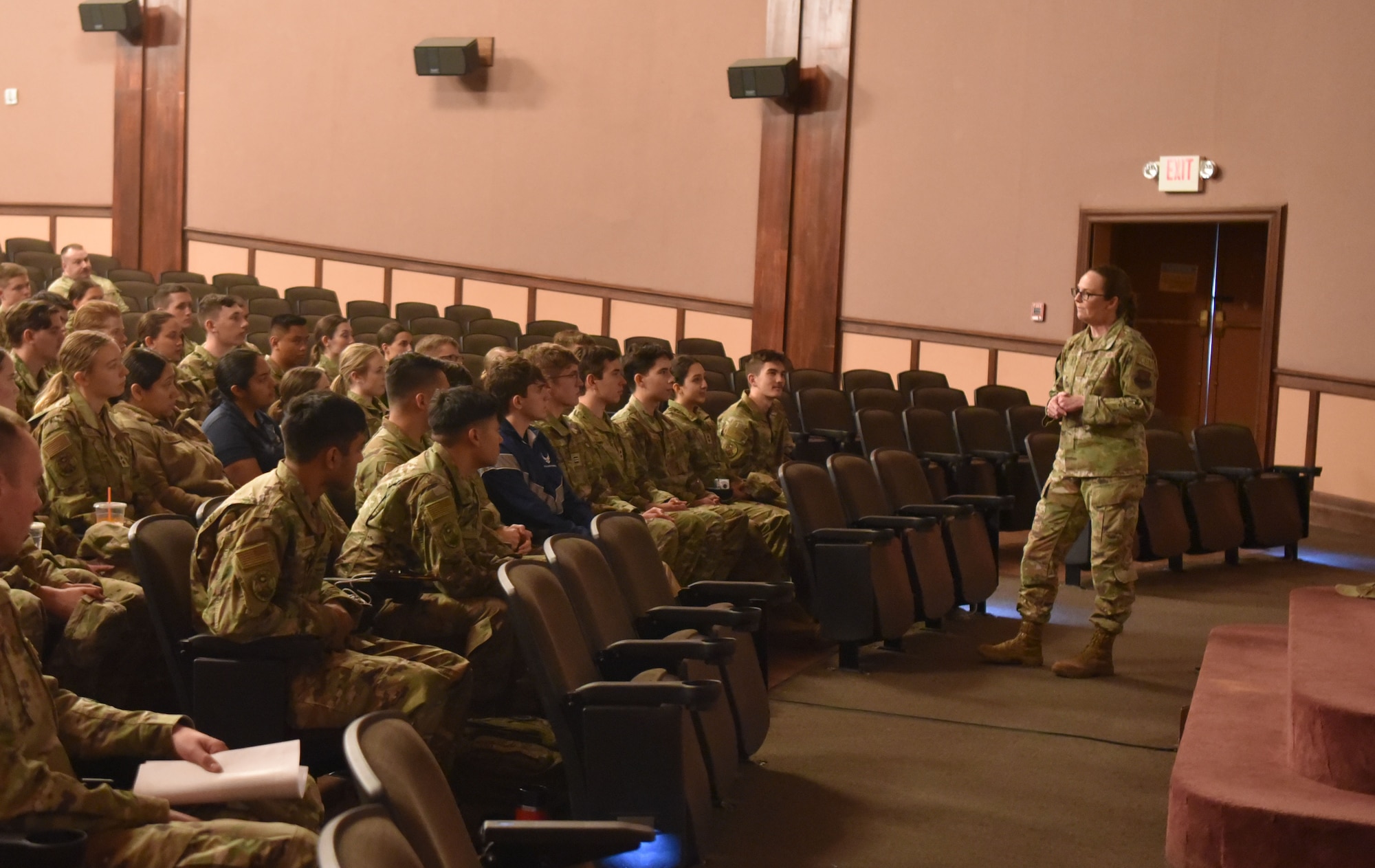 Maj. Gen. Stacy Huser, Twentieth Air Force commander, speaks to Reserve Officer Training Corps cadets from Colorado State University, the University of Wyoming and the University of Colorado, on F.E. Air Force Base, Wyoming, April 26, 2024. Huser explained the 20th AF mission, shared her journey in the Air Force, discussed leadership and answered questions during the cadets’ tour of F.E. Warren AFB. (U.S. Air Force Photo by Lieutenant Jacqulyn Noffsinger)