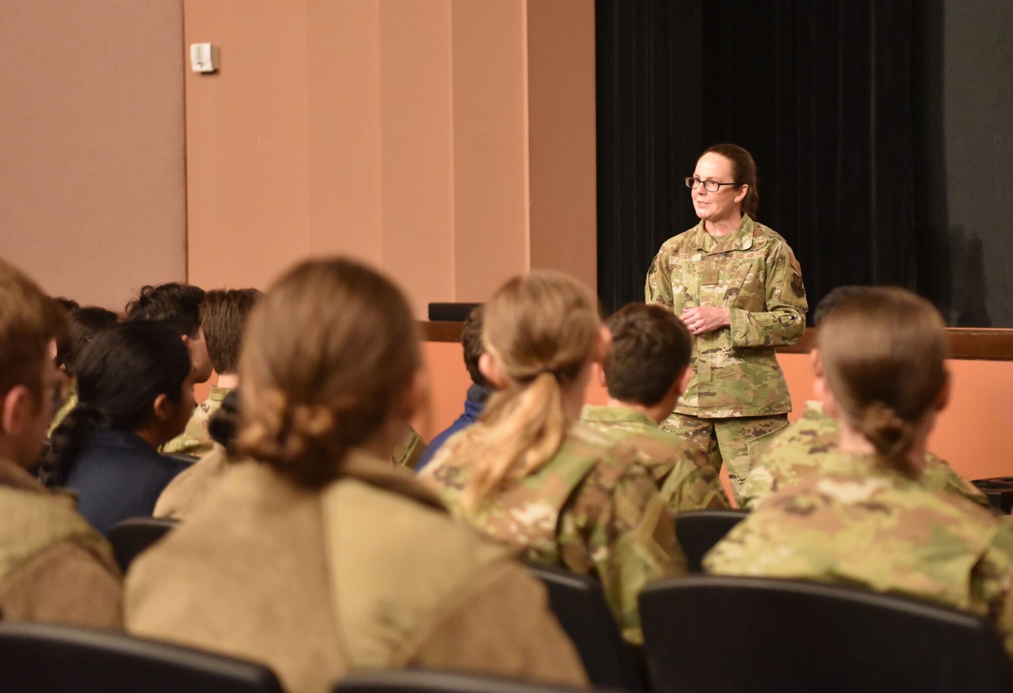 Maj. Gen. Stacy Huser, Twentieth Air Force commander, answers questions from Reserve Officer Training Corps cadets from Colorado State University, the University of Wyoming and the University of Colorado, on F.E. Air Force Base, Wyoming, April 26, 2024. Huser explained the 20th AF mission, shared her journey in the Air Force, discussed leadership and answered questions during the cadets’ tour of F.E. Warren AFB. (U.S. Air Force Photo by Lieutenant Jacqulyn Noffsinger)