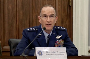 Lt. Gen. John P. Healy, chief of the Air Force Reserve and commander of Air Force Reserve Command, testifies before the U.S. House Appropriations Subcommittee on Defense April 30, 2024. (U.S. Air Force photo)