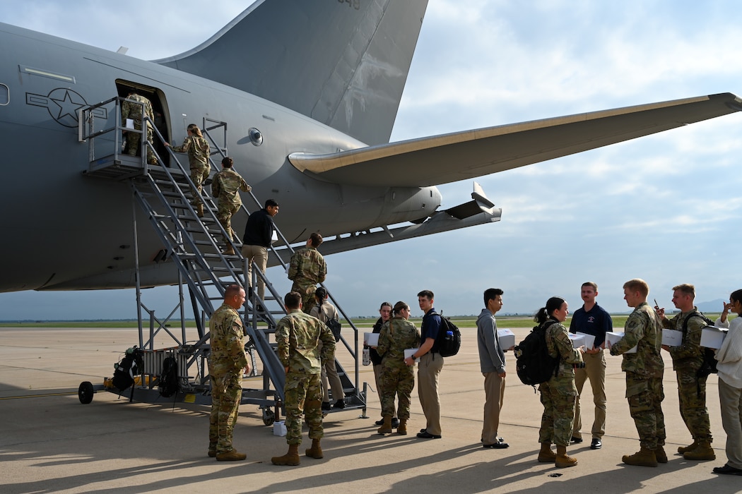 U.S. Air Force ROTC cadets from Oklahoma University board a KC-46 Pegasus aircraft at Altus Air Force Base, Oklahoma, April 25, 2024. The cadets had the opportunity to fly in the KC-46 as part of their visit to Mobility’s Hometown. (U.S. Air Force photo by Airman Lauren Torres)