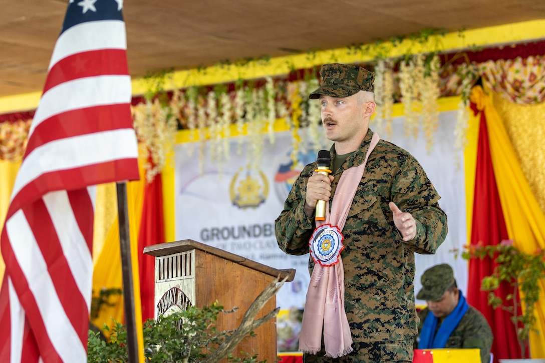 U.S. Marine Corps Capt. Daniel Asheim, a combat engineer officer with 9th Engineer Support Battalion, 3rd Marine Logistics Group, III Marine Expeditionary Force, speaks during a groundbreaking ceremony at Alannay Elementary School prior to the commencement of Exercise Balikatan 24 in Cagayan, Philippines, March 26, 2024. BK 24 is an annual exercise between the Armed Forces of the Philippines and U.S. military designed to strengthen bilateral interoperability, capabilities, trust, and cooperation built over decades of shared experiences. Asheim is a native of New York. (U.S. Marine Corps photo by Cpl. Trent A. Henry)