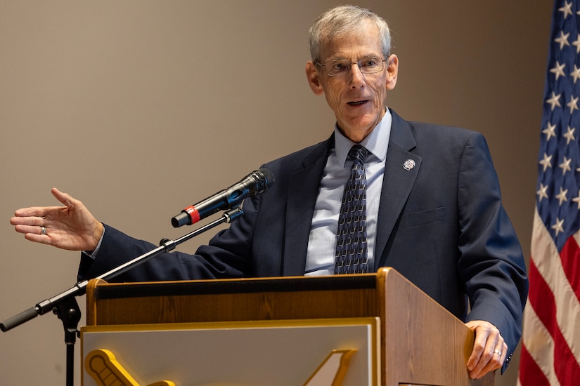 Robert Speer, former acting Secretary of the Army and Assistant Secretary of the Army for Financial Management and Comptroller, delivers remarks during a Finance and Comptroller Hall of Fame induction ceremony at the Soldier Support Institute on Fort Jackson, South Carolina, April 26, 2024. Retired Command Sgt. Maj. Paul L. Morrissette, a former Finance Corps regimental sergeant major, was made the third inductee of the hall of fame for his service and commitment to the U.S. Army Finance Corps for more than forty years. (U.S. Army photo by Mark R. W. Orders-Woempner)