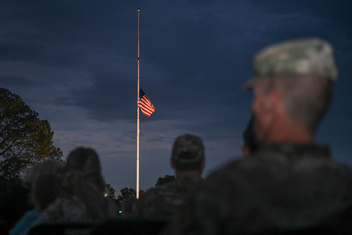 The American Flag hangs at half-staff during Anzac Day at Little Rock Air Force Base, Ark., April 25, 2024.