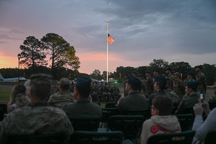 The American Flag hangs at half-staff during Anzac Day at Little Rock Air Force Base, Ark., April 25, 2024.