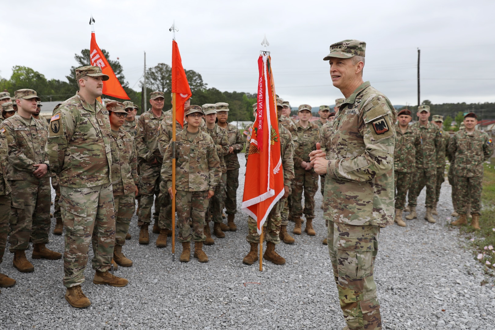 Army Gen. Daniel Hokanson, chief, National Guard Bureau, talks with Soldiers of the Alabama National Guard's 115th Expeditionary Signal Battalion, Fort McClellan, Alabama, April 20, 2024.