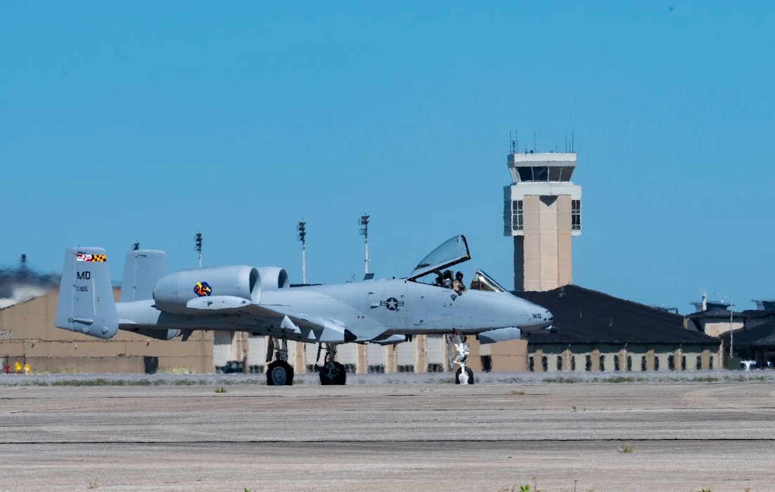 An A-10C Thunderbolt II taxis on the flight line at Dover Air Force Base, Delaware, April 26, 2024. The A-10 static display was part of a tour held for Bubba Wallace, Würth 400 NASCAR Cup Series driver, who was visiting Dover AFB before the weekend’s race at Dover Motor Speedway. (U.S. Air Force photo by Airman Liberty Matthews)