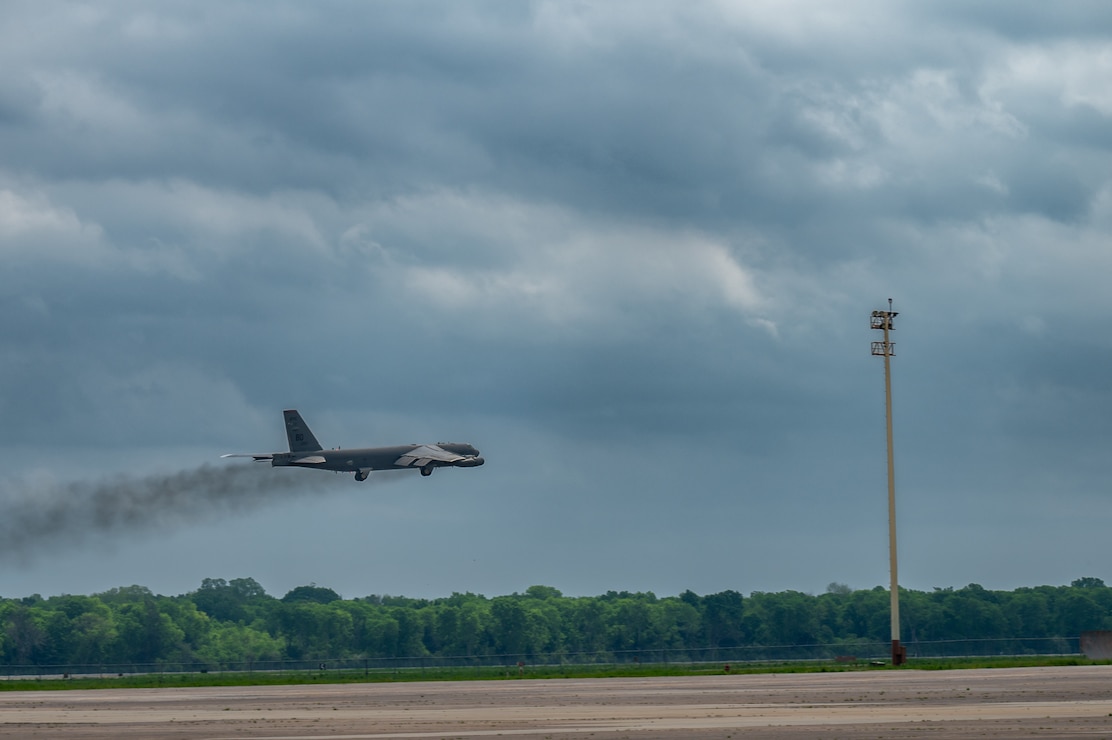 A B-52H Stratofortress takes off during vapor purge testing at Barksdale Air Force Base, La., April 16, 2024. During flight, sensors inside the jet continue to run and record as a chemical vapor simulant previously injected into the cabin begins to clear out from the aircraft. (U.S. Air Force Photo by Senior Airman Seth Watson)