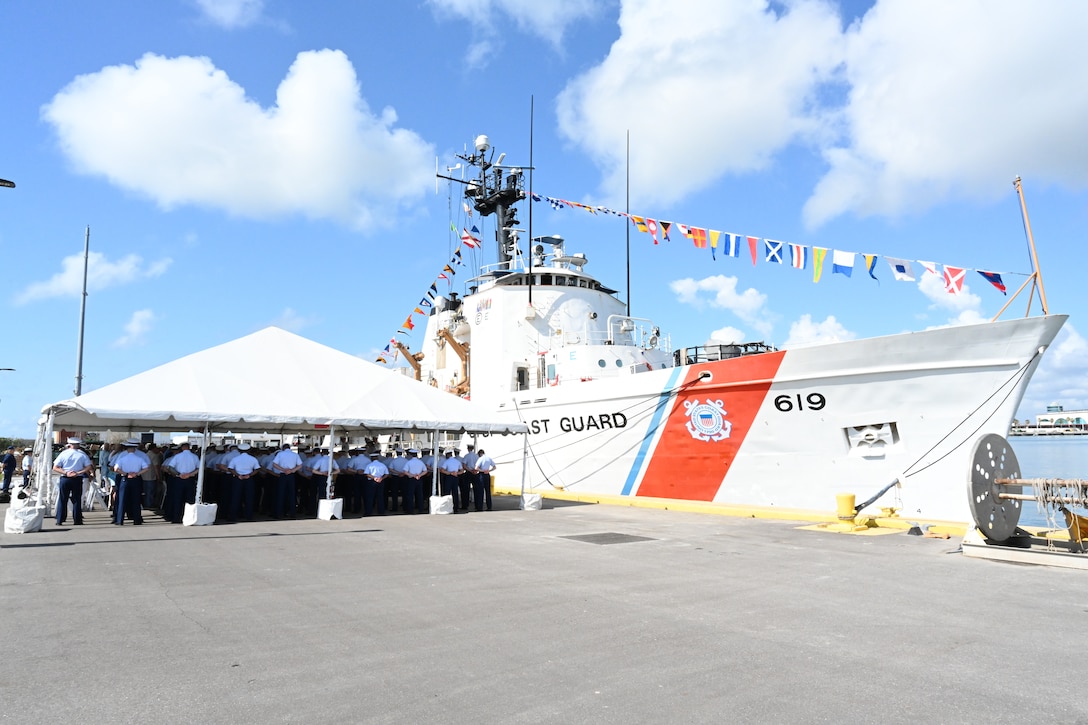 Current and former crew members of U.S. Coast Guard Cutter Confidence (WMEC 619), along with senior leadership, host a heritage recognition ceremony for the cutter, May 2, 2024, in Cape Canaveral, Florida. Confidence was recognized for 58 years of service to the nation in the presence of crews, family, and friends before it was placed in commission, special status. (U.S. Coast Guard photo by Petty Officer 2nd Class Brandon Hillard)