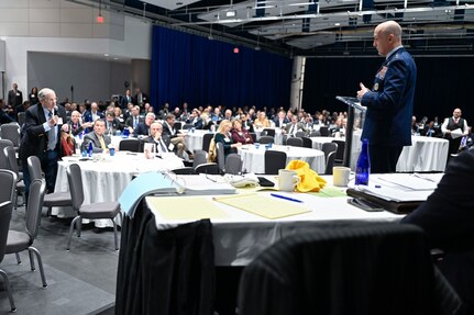 Air Force Chief of Staff Gen. David Allvin listens to a question at the McAleese Defense Programs Conference in Washington, D.C., March 7, 2024. Allvin discussed future Air Force priorities and programs. (U.S. Air Force photo by Eric Dietrich)