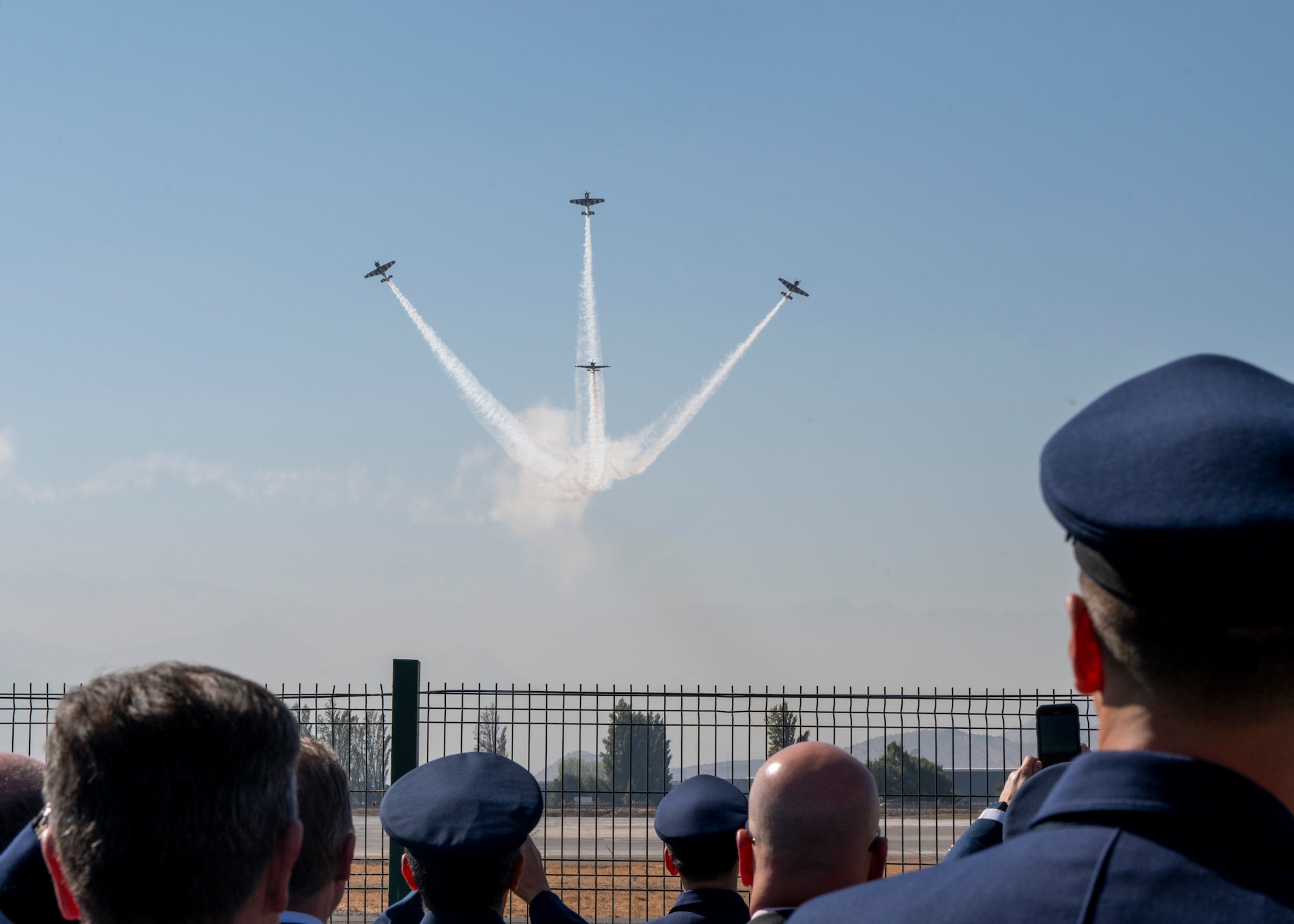 Aircraft fly during the Internacional del Aire y del Espacio (FIDAE), an international air and space show, at Pudahuel Air Base, Chile, April 9, 2024.