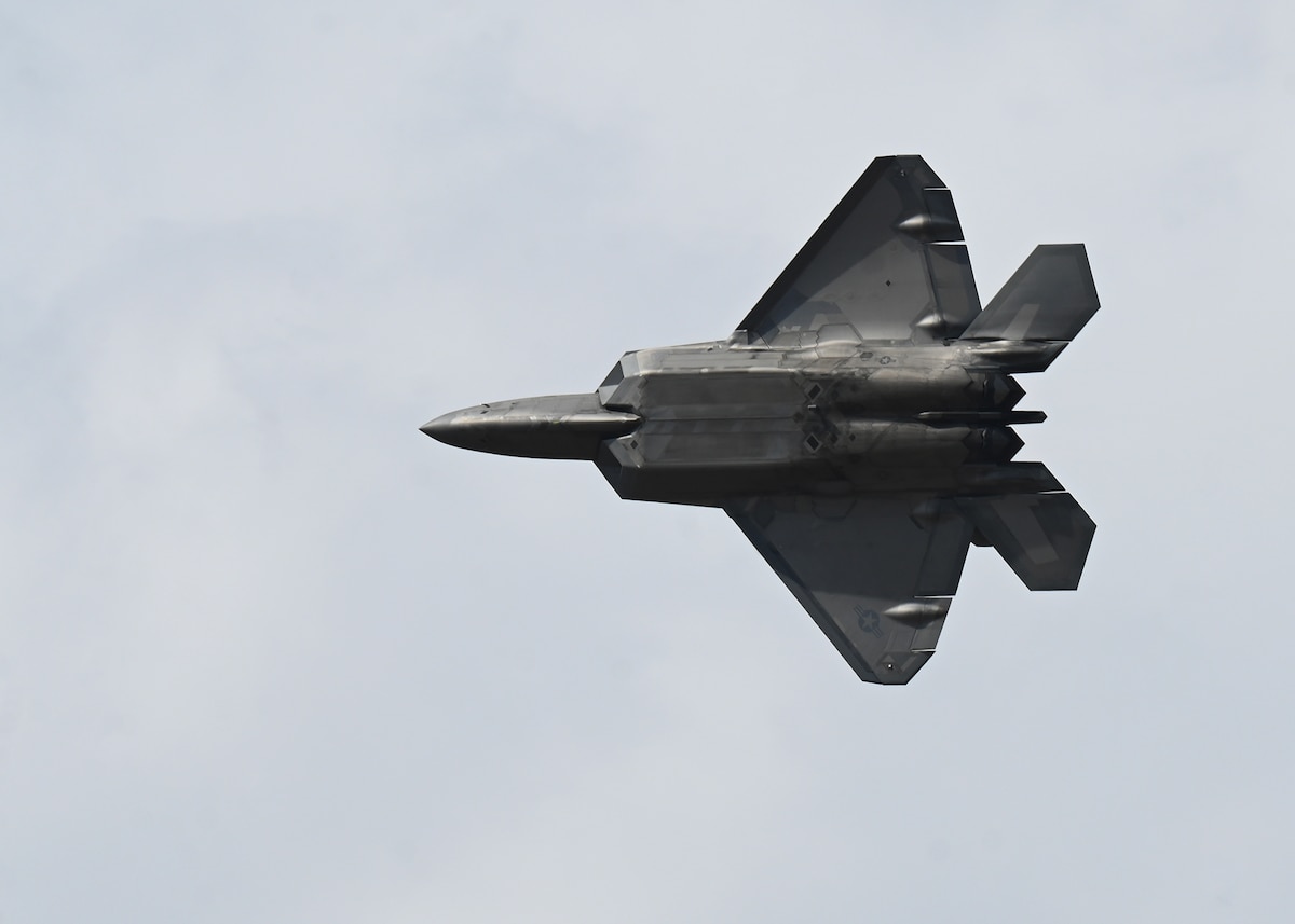 U.S. Air Force Capt. Samuel "RaZZ" Larson, F-22 Raptor Demonstration Team commander and pilot, performs an aerial maneuver during the Feria Internacional del Aire y del Espacio (FIDAE), an international air and space show, at Pudahuel Air Base, Chile, April 13, 2024.