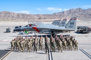 Members of the 104th Fighter Wing attend a U.S. Air Force weapons school integration exercise April 6-20, 2024, at Nellis Air Force Base, Nevada. This exercise combined multiple squadrons to test new air combat tactics through offensive and defensive counterair measures while using fourth- and fifth-generation aircraft.