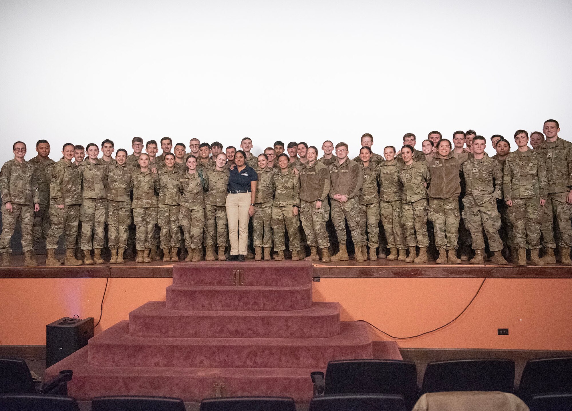 Maj. Gen. Stacy Huser, Twentieth Air Force commander, poses for a group photo with Reserve Officer Training Corps cadets from Colorado State University, the University of Wyoming and the University of Colorado, on F.E. Air Force Base, Wyoming, April 26, 2024. Huser explained the 20th AF mission, shared her journey in the Air Force, discussed leadership and answered questions during the cadets’ tour of F.E. Warren AFB. (U.S. Air Force Photo by Lieutenant Jacqulyn Noffsinger)
