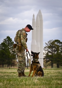 Airman and military working dog on grass with missile display in background