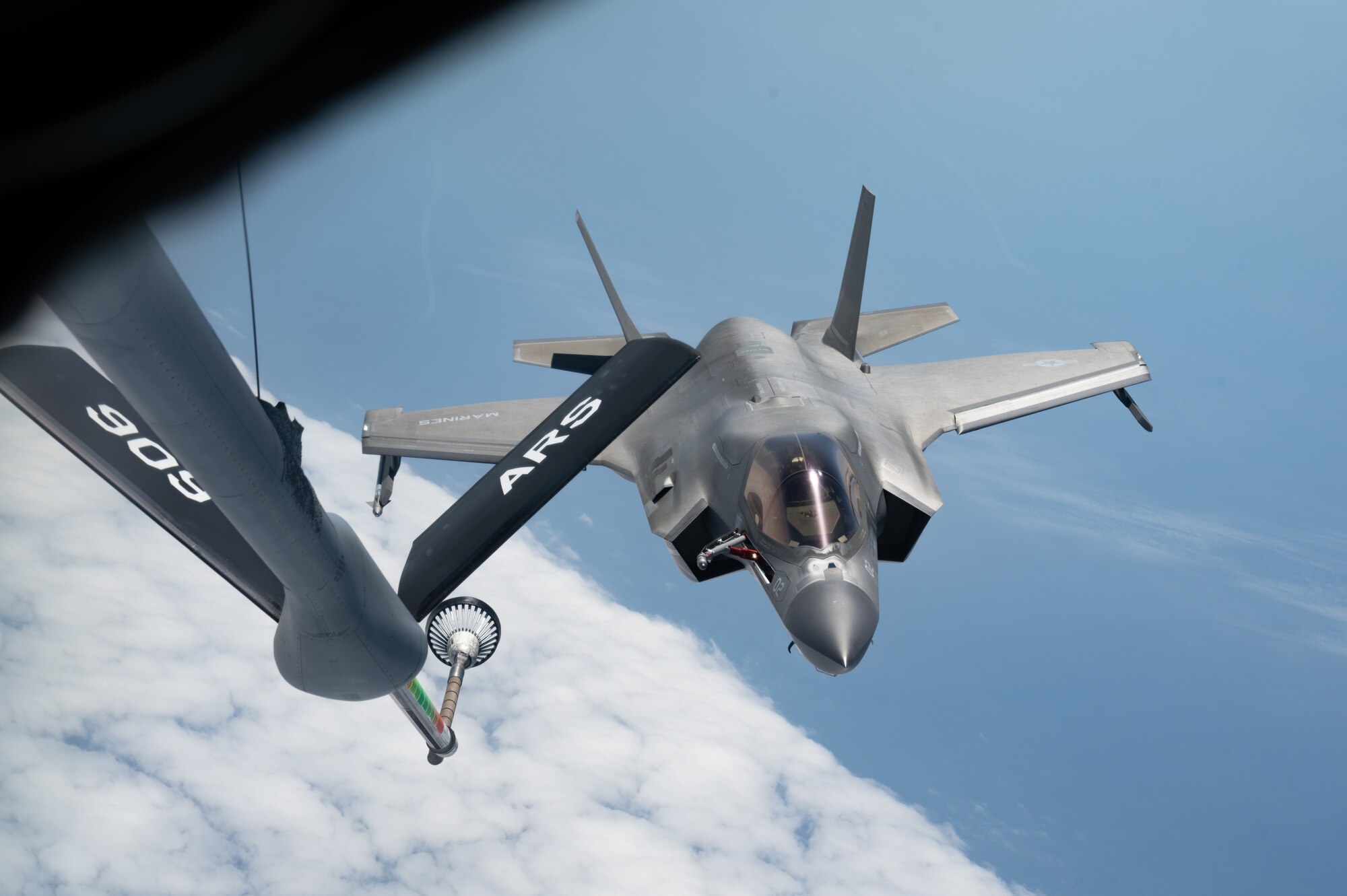 A U.S. Marine Corps F-35B Lightning II assigned to Marine Fighter Attack Squadron 121, Marine Corps Air Station Iwakuni, Japan, flies to the rear of a KC-135 Stratotanker assigned to the 909th Air Refueling Squadron, Kadena Air Base, Japan, to conduct aerial refueling during Korea Flying Training 24 over the Republic of Korea, April 25, 2024.