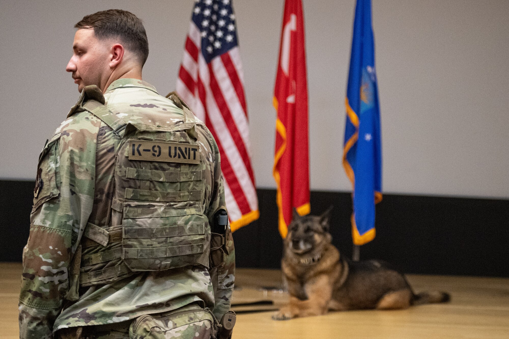 A U.S. Air Force military working dog handler is standing in the foreground while MWD Brix is laying down on stage in the background.