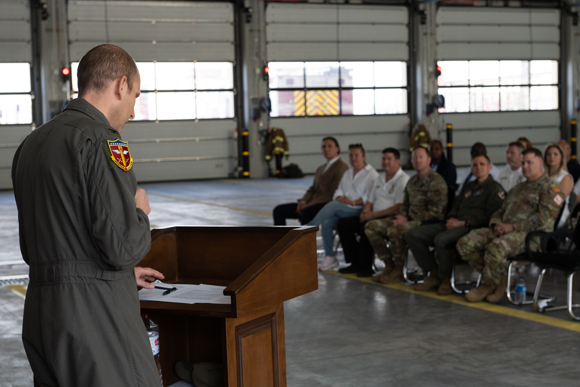 U.S. Air Force Col. Kevin Lord, 39th Air Base Wing commander, provides remarks to an audience.