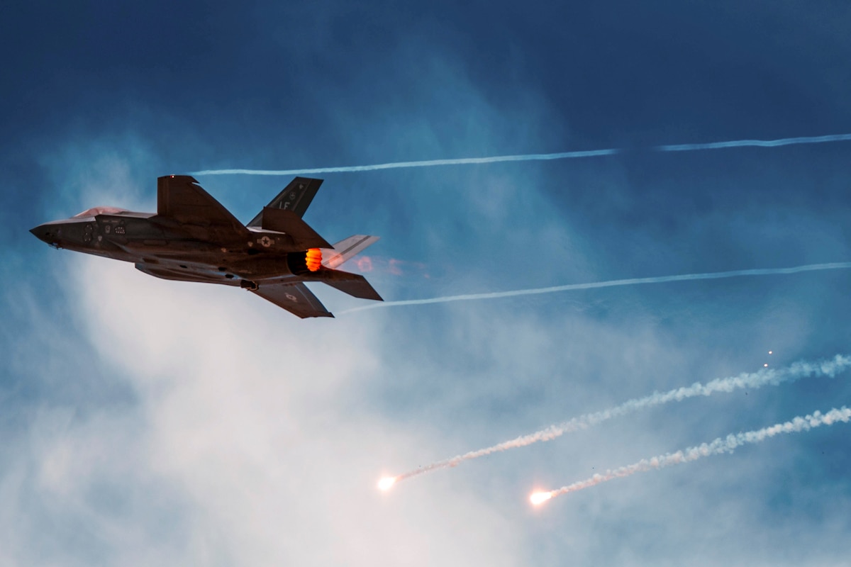 An F-35A Lightning II assigned to the 56th Fighter Wing, Luke Air Force Base, Ariz., performs a strafing run