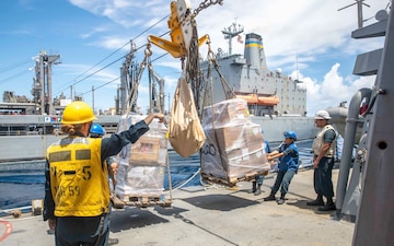 Sailors aboard USS Russell (DDG 59) handle supply pallets during a replenishment with USNS John Ericsson (T-AO 194) in the South China Sea.