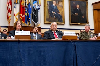Chief of Naval Operations Adm. Lisa Franchetti, Secretary of the Navy Carlos Del Toro, and Commandant of the Marine Corps Eric Smith provide testimony at a House Armed Services Committee hearing on the Department of the Navy fiscal year 2025 budget request at the Rayburn House Office Building, Washington, D.C., May 1, 2024. (U.S. Navy photo by Chief Mass Communication Specialist Amanda R. Gray)