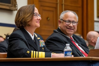 Chief of Naval Operations Adm. Lisa Franchetti provides testimony at a House Armed Services Committee hearing on the Department of the Navy fiscal year 2025 budget request at the Rayburn House Office Building, Washington, D.C., May 1, 2024. (U.S. Navy photo by Chief Mass Communication Specialist Amanda R. Gray)