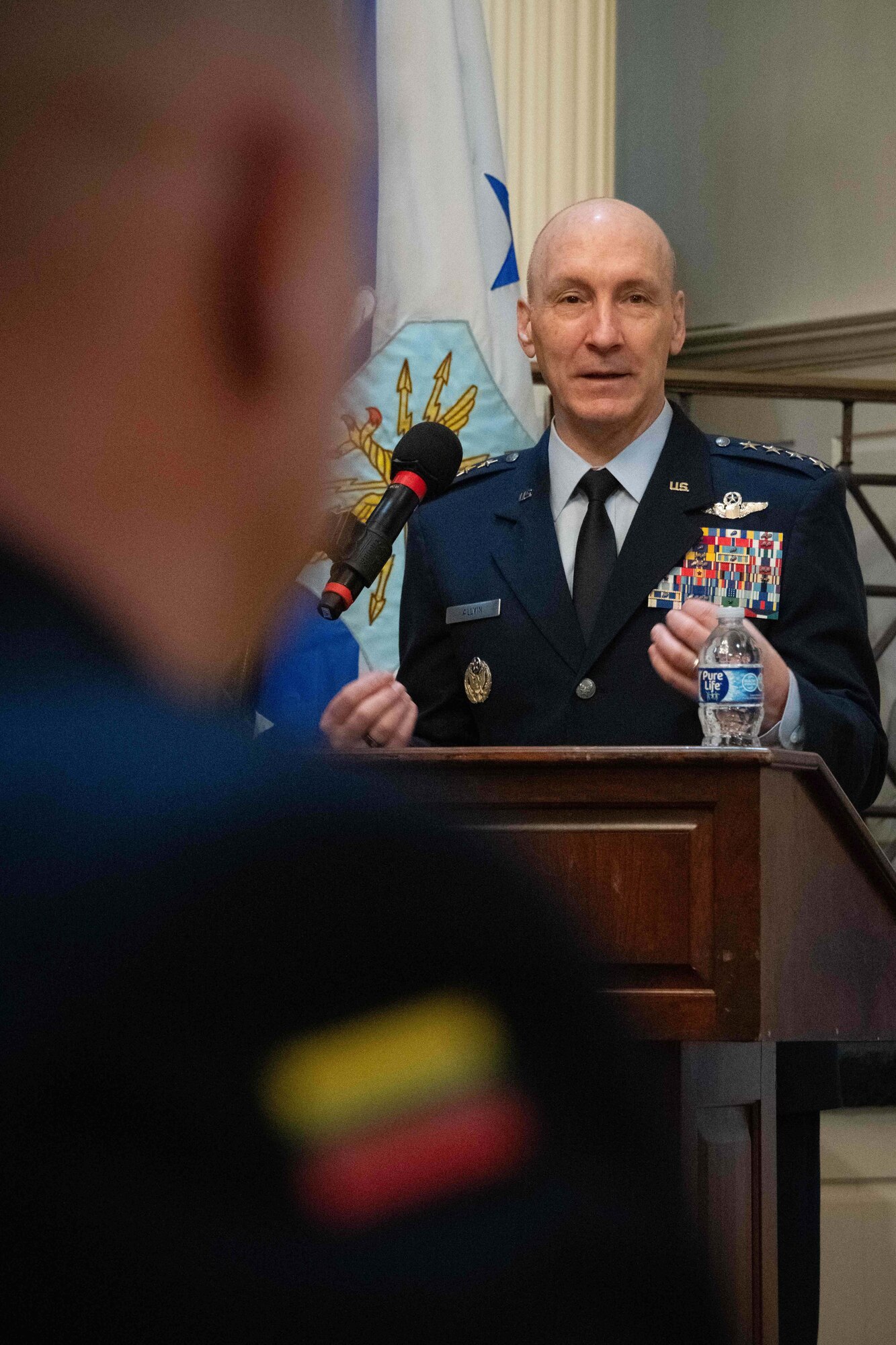 Air Force Chief of Staff Gen. David Allvin addresses the international officers and senior enlisted leaders being inducted into the 2024 CSAF & CMSAF International Honor Roll at Maxwell Air Force Base, Ala., Apr. 19, 2024. International Honor Roll recognizes former Air University students who rose to the equivalent level of Chief of Staff or higher or Chief Master Sergeant of the Air Force or higher in their respective services. (US Air Force photo by Melanie Rodgers Cox)
