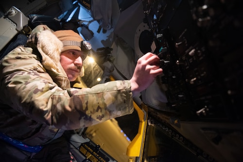Tech. Sgt. Jared Rogosienski, a 914th Maintenance Group crew chief prepares instruments on a KC-135 Stratotanker flight deck for an engine run at Luleå-Kallax Air Base, Sweden, March 11, 2024. Airmen assigned to the 914th Air Refueling Wing are in Sweden as part of Nordic Response 24. The 914th Air Refueling Wing provided aerial refueling support to U.S., Ally, and partner nation aircraft participating in the Norwegian-sponsored exercise designed to test military capabilities and operations in the challenging Arctic climate and terrain. (U.S. Air Force photo by Senior Master Sgt. Andrew Caya)