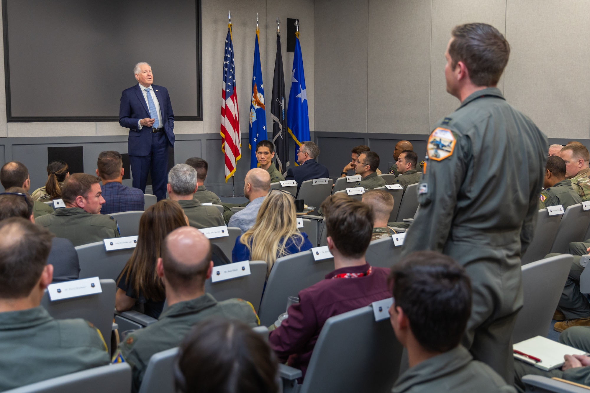 Secretary of the Air Force Frank Kendall answers questions from the test community during his visit to Edwards Air Force Base, California, May 2. (Air Force photo by James West)