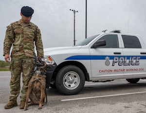 Azir, a military working dog from the 509th Security Forces Squadron as he retires from active duty service and receives his civilian collar.