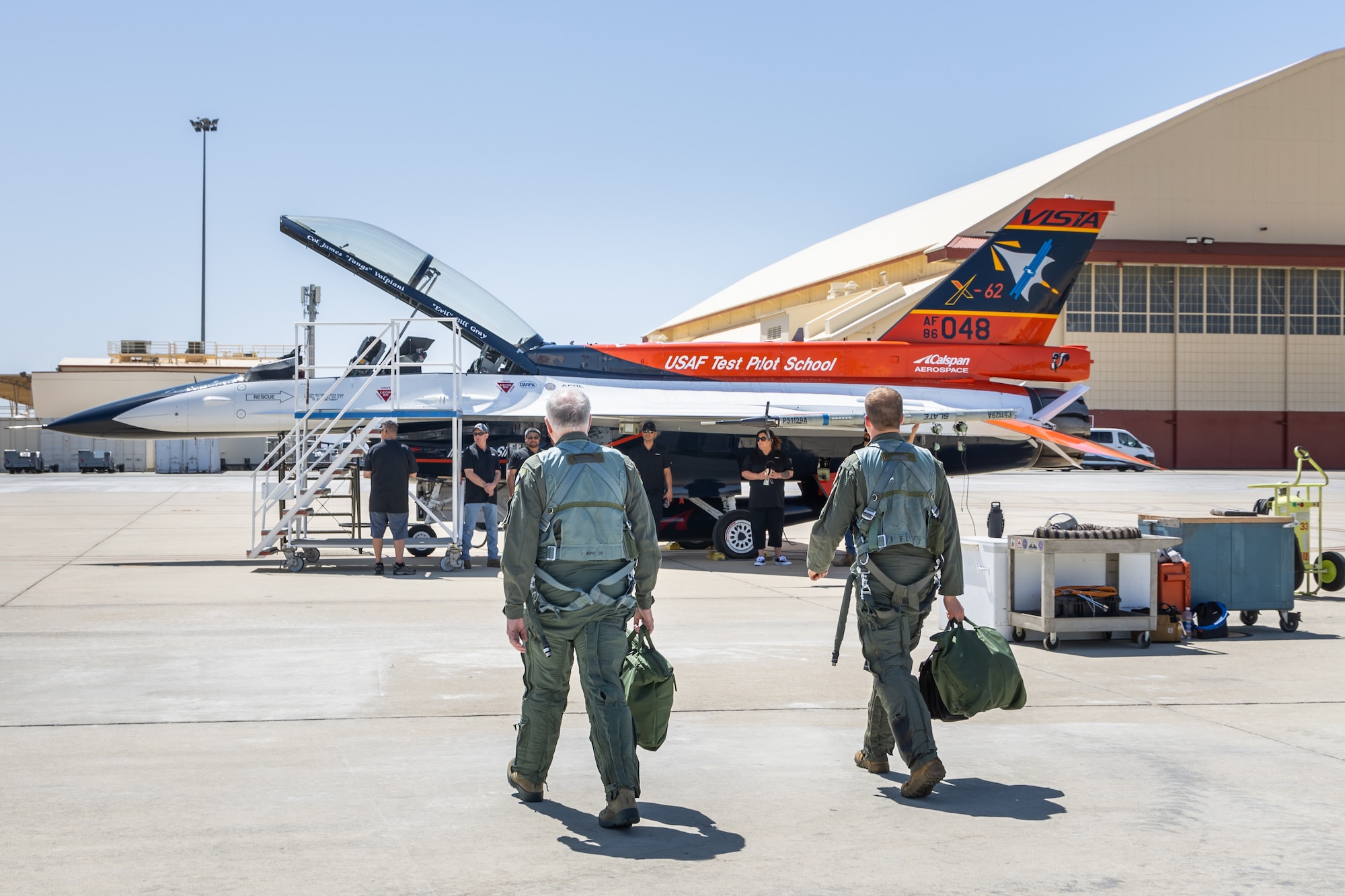 Secretary of the Air Force Frank Kendall prepares to fly in the X-62 VISTA during a visit to Edwards Air Force Base, California, May 2. (Air Force photo by James West)