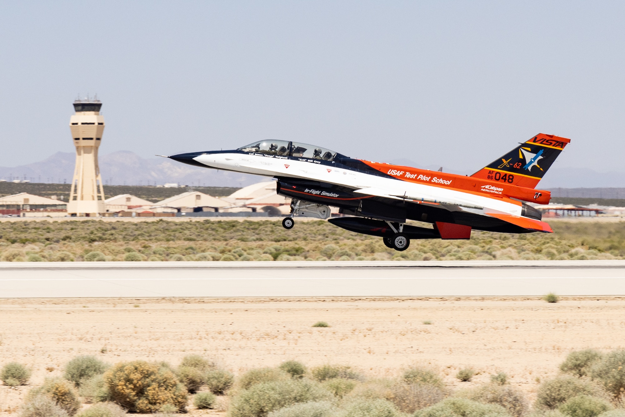 Secretary of the Air Force Frank Kendall, onboard the X-62 VISTA, takes off from Edwards Air Force Base, California, May 2. (Air Force photo by Madeline Guadarrama)