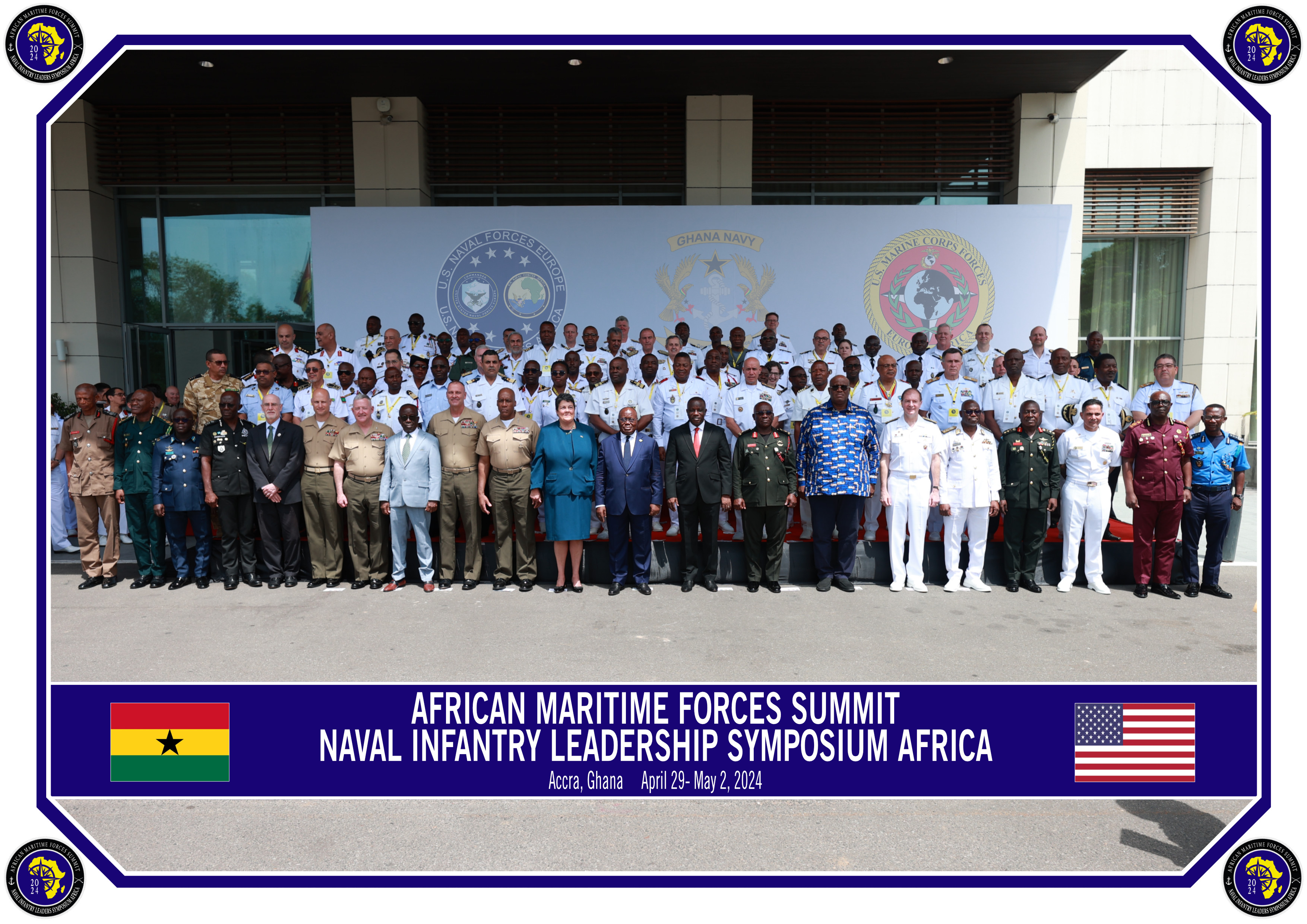 Attendees of the African Maritime Forces Summit and Naval Infantry Leadership Symposium - Africa (AMFS/NILS-A) 2024 pose for a group photo in Accra, Ghana, on April 30, 2024. AMFS/NILS-A is a multinational, Africa-focused, strategic-level forum designed to address transnational maritime security challenges in African waters, bringing together partner nations with marine forces and naval infantry to develop interoperability, crisis response capabilities, and foster relationships that will improve Africa's maritime domain security. (U.S. Marine Corps photo illustration by Cpl. Addysyn Tobar)