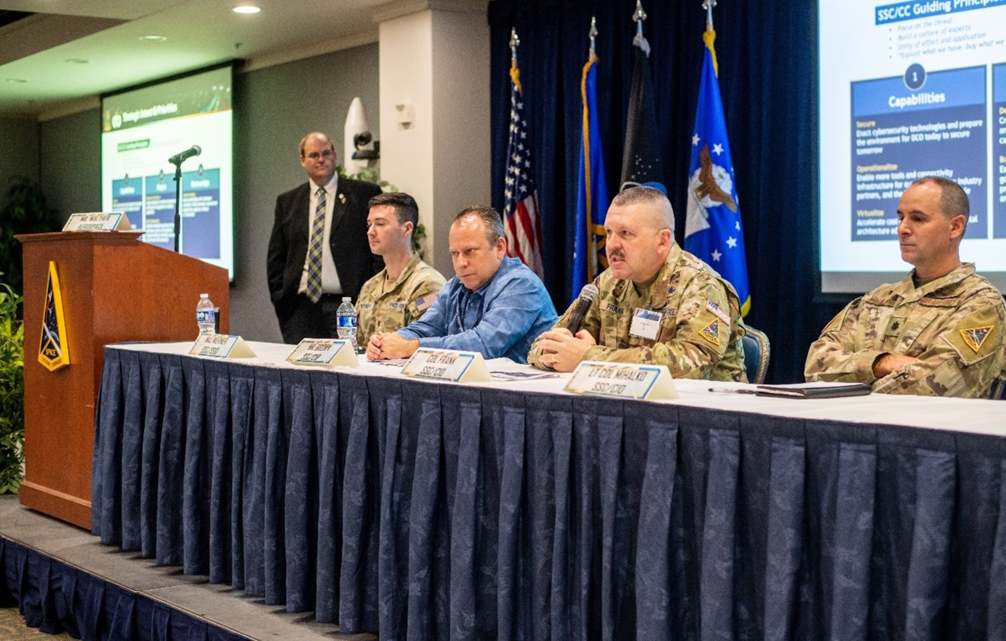 United States Space Force Col. Craig Frank, Space Systems Command’s Chief Information Office (CIO) director, speaks about priorities and capabilities of digital resiliency and AI for decision advantage during the 2024 Cyber Expo at Los Angeles Air Force Base on April 23, 2024, in El Segundo, Calif. Cyber professionals who attended the two-day event learned how SSC is using cyber resilience, today and tomorrow, to protect current and future space systems and acquisitions. (U.S. Space Force photo by Van Ha)