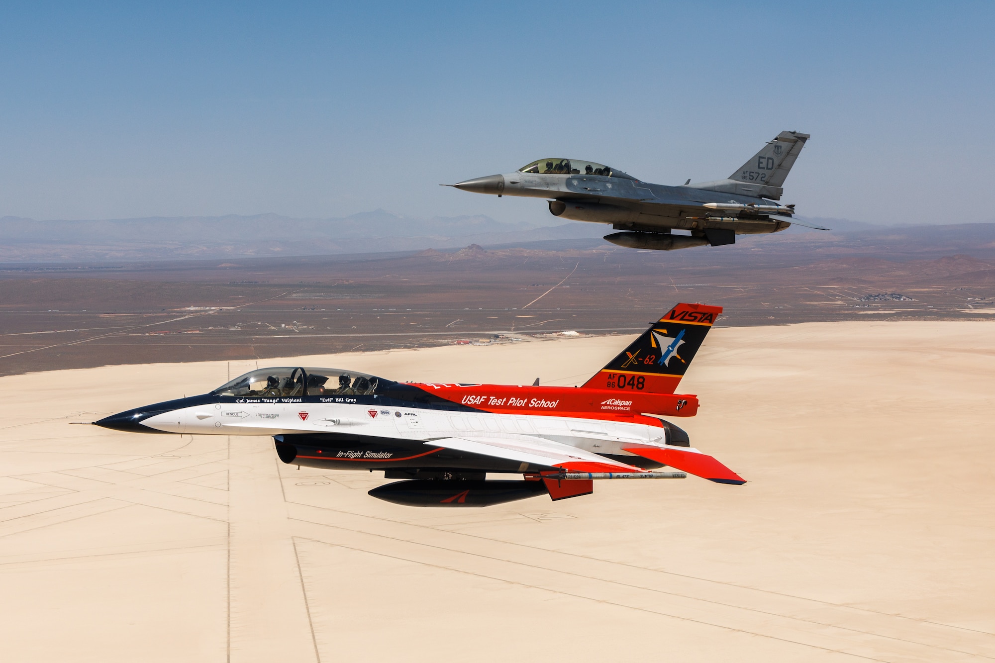 Secretary of the Air Force Frank Kendall flies in the X-62 VISTA in the skies above Edwards Air Force Base, California, May 2. (Air Force photo by Richard Gonzales)