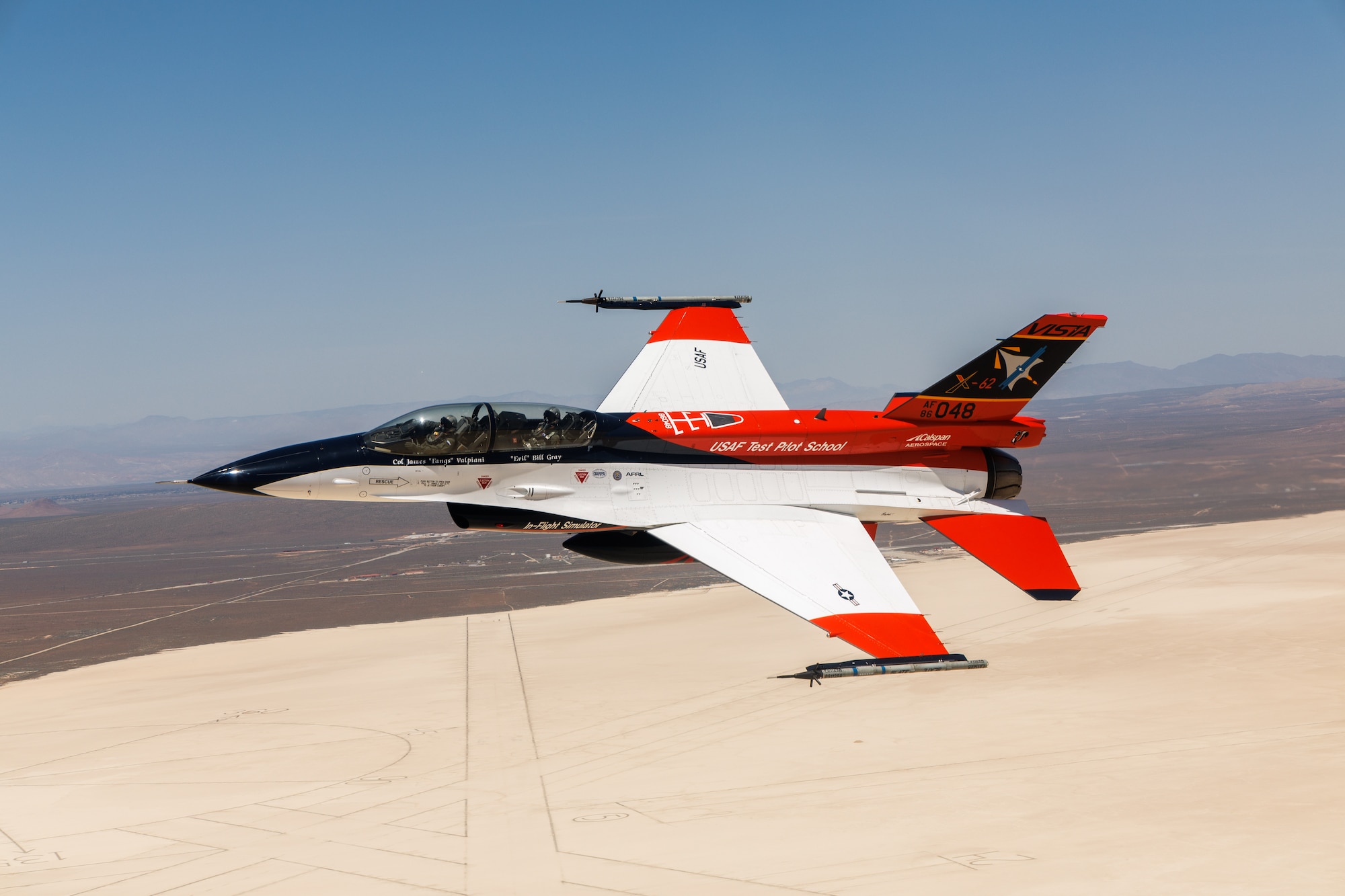 Secretary of the Air Force Frank Kendall flies in the X-62 VISTA in the skies above Edwards Air Force Base, California, May 2. (Air Force photo by Richard Gonzales)