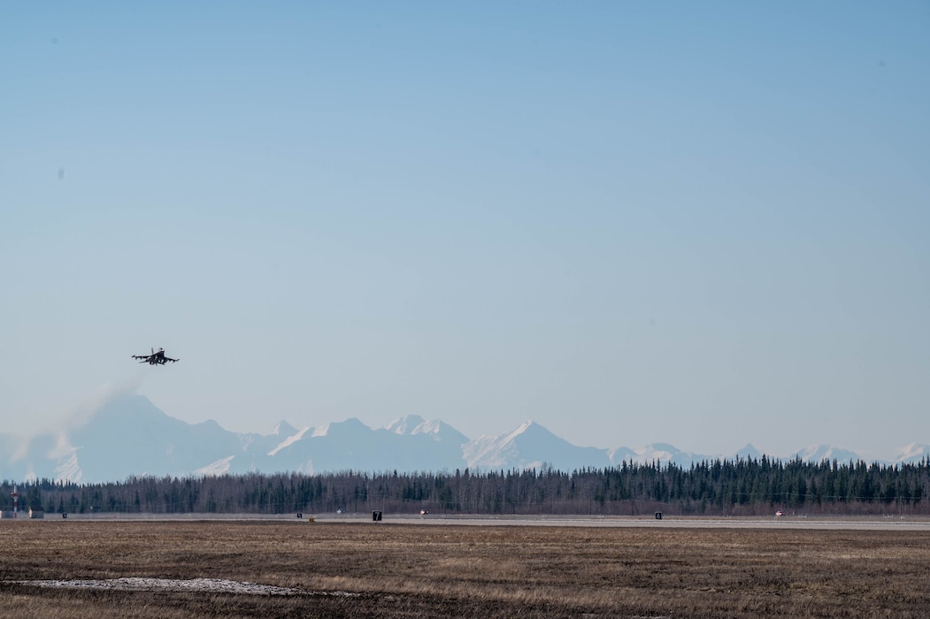 A plane takes off at Eielson Air Force Base.