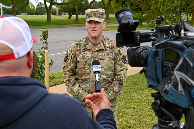 U.S. Air Force Col. Matthew Altman, 633d Air Base Wing commander, interviews with a local media outlet at Joint Base Langley-Eustis, Virginia, April 22, 2024. 13 News Now assisted in increasing awareness about the importance of environmental conservation within the Hampton- Roads community. (U.S. Air Force photo by Airman 1st Class Skylar Ellis)