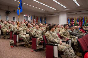 The 37th Training Wing Commander Colonel Lauren Courchaine presents members of the 37th Training Wing with a first quarter award on May 3, 2024. Members from the 37th Training Group, Inter-American Air Forces Academy, 637th Training Group and 737th Training Group were represented during the award ceremony. (U.S. Air Force photo by 2nd Lt. Kate Anderson)