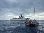 The USCGC Active (WMEC 618) crew rescue a solo sailor stranded on a disabled vessel in the Eastern Pacific Ocean near the Galapagos Islands, Apr. 13, 2024. Active’s crew diverted over 200 nautical miles at high speed to conduct the search and rescue operation for the sailor whose sailboat was disabled and adrift at sea after a pod of whales damaged the boat. U.S. Coast Guard photo by U.S. Navy Midshipman Caden Dale.