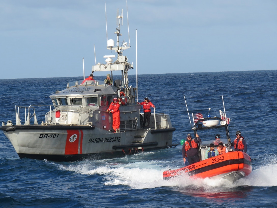 Crews from the USCGC Active (WMEC 618) and Mexican SEMAR conduct a personnel transfer while Active patrols the Eastern Pacific Ocean, Apr. 24, 2024. Active regularly patrols international waters off southern Mexico and Central America, working with partner nations to combat transnational organized crime in the Western Hemisphere, specifically the smuggling of narcotics. U.S. Coast Guard photo by Ens. Thomas Gehman.
