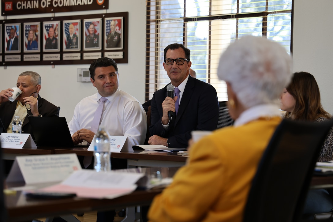 Mark Pestrella, director of LA County Public Works, asks a question during the April 2 briefing at the district's Base Yard in South El Monte, California